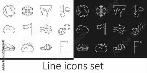 Set line Fahrenheit, Earth globe and sun, Icicle, Meteorology windsock wind vane, Cloud, Wind and Snowflake icon. Vector