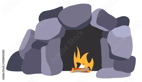 Bonfire in cave, ancient rocks and cliffs vector