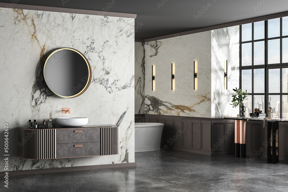 Modern luxury bathroom, white marble walls, bathtub, concrete floor