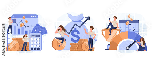 Cost optimization concept set. Idea of financial and marketing strategy. Cost and income balance. Spending and cost reduction, while maximizing business value. Isolated flat illustration vector photo