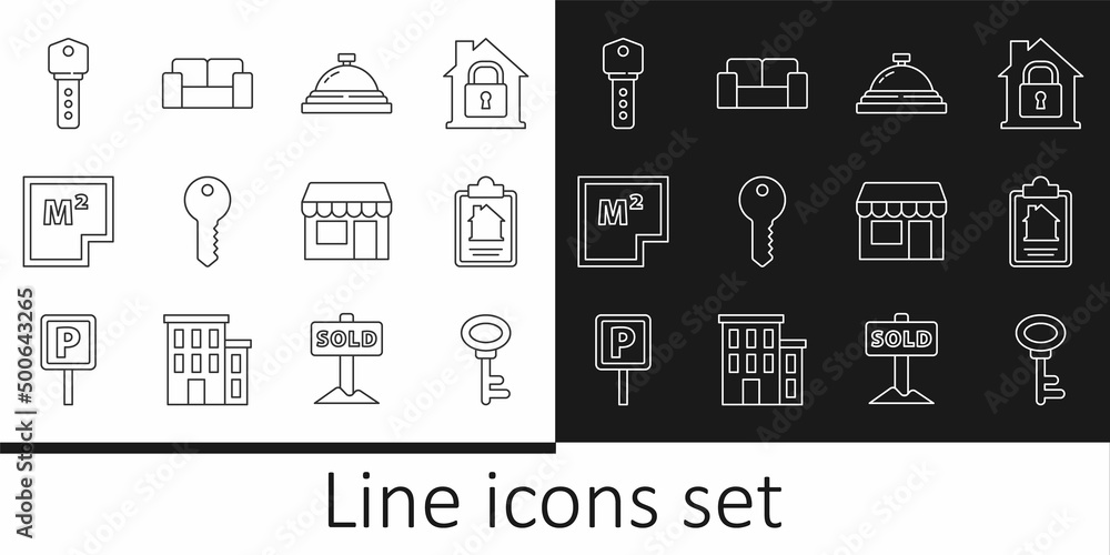 Set line House key, contract, Hotel service bell, plan, Market store and Sofa icon. Vector