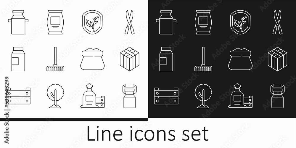 Set line Can container for milk, Bale of hay, Shield with leaf, Garden rake, Paper package, Full sack and Fertilizer bag icon. Vector