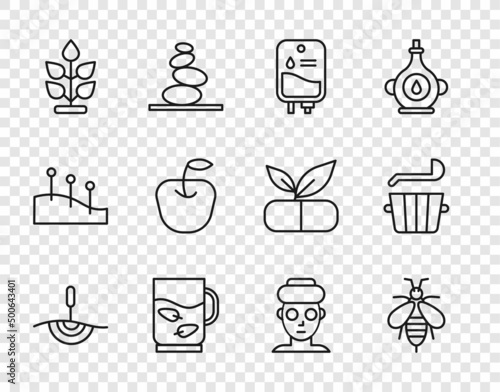 Set line Acupuncture therapy, Bee, IV bag, Cup of tea and leaf, Plant, Apple, Facial cosmetic mask and Sauna bucket ladle icon. Vector