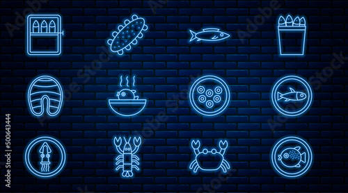 Set line Puffer fish on a plate, Served, Fish, soup, steak, Canned, Caviar and Sea cucumber icon. Vector
