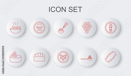 Set line Sea cucumber, Tin can with caviar, Sushi, Caviar on spoon, Fish soup, Jellyfish plate, and icon. Vector