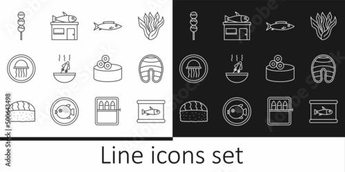 Set line Canned fish, Fish steak, Soup with octopus, Jellyfish on plate, Takoyaki stick, Tin can caviar and Seafood store icon. Vector