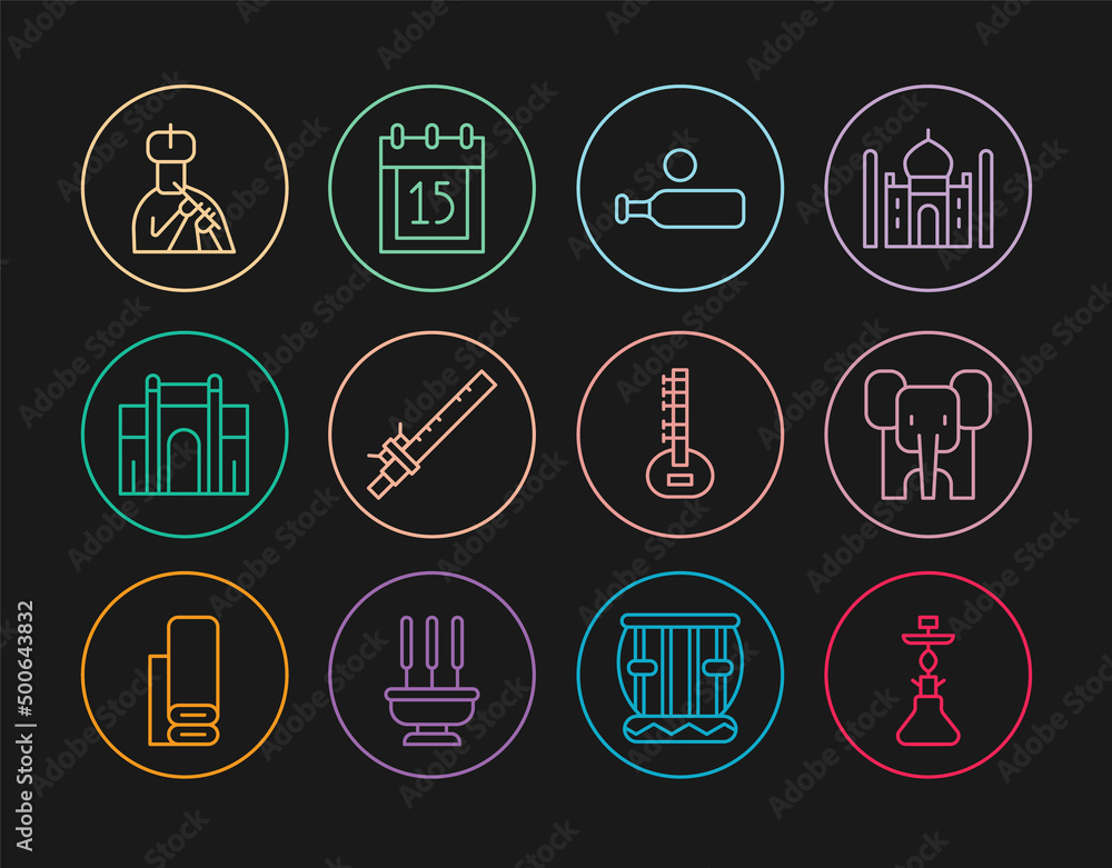 Set line Hookah, Elephant, Wood cricket bat and ball, Bamboo flute indian, India Gate Delhi, Indian man plays, Sitar and Independence day icon. Vector Set line Hookah, Elephant, Wood cricket bat and ball, Bamboo flute indian, India Gate Delhi, Indian man plays, Sitar and Independence day icon. Vector