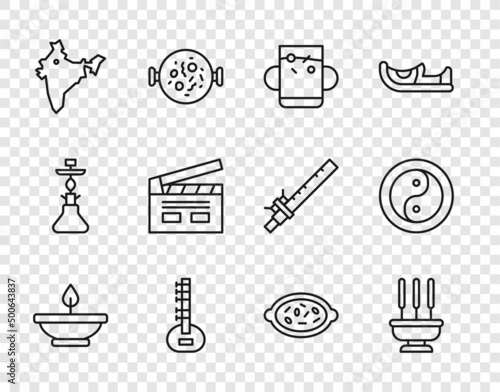 Set line Aroma lamp, Incense sticks, Cup of tea and leaf, Sitar, India map, Bollywood indian cinema, Kheer bowl and Yin Yang icon. Vector