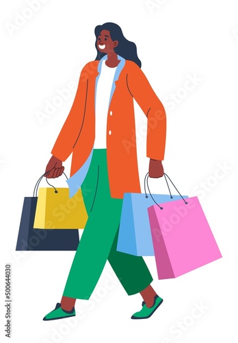Shopping woman with bags, lady returning from mall