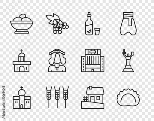 Set line Church building, Dumplings, Vodka with pepper and glass, Wheat, Varenyky bowl, Ukrainian woman, house and Mother Motherland monument icon. Vector