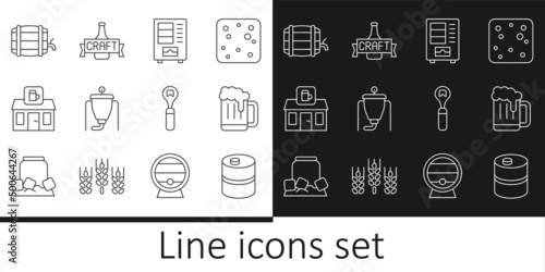 Set line Metal beer keg, Wooden mug, Vending machine, Beer brewing process, Store building of shop, barrel on rack, Bottle opener and bottle icon. Vector