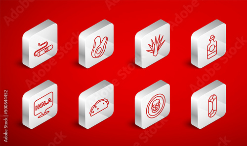 Set line Burrito, Avocado fruit, Agave, Tequila bottle, Mexican skull coin, Cigar, Taco with tortilla and Hola icon. Vector