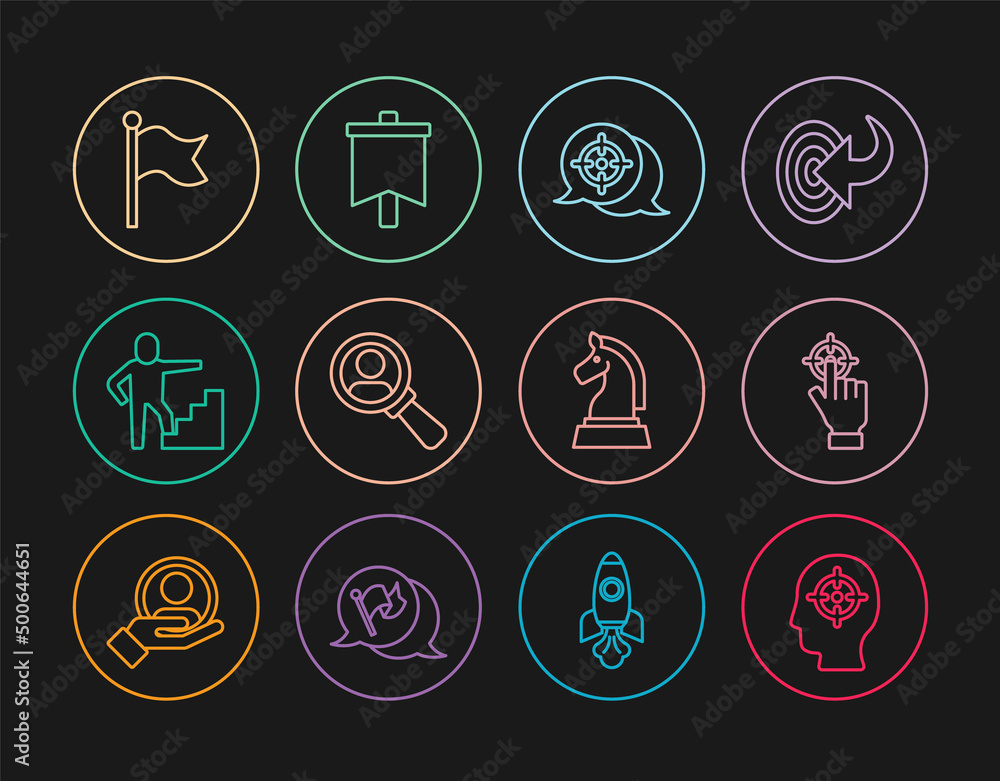 Set line Head hunting, Target, Magnifying glass for search, Stair with finish flag, Flag, Chess and icon. Vector Set line Head hunting, Target, Magnifying glass for search, Stair with finish flag, Flag, Chess and icon. Vector