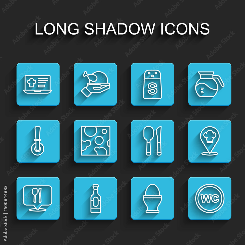 Set line Cafe and restaurant location, Wine bottle, Online ordering delivery, Chicken egg stand, Toilet, Cheese, Chef hat with and Knife spoon icon. Vector Set line Cafe and restaurant location, Wine bottle, Online ordering delivery, Chicken egg stand, Toilet, Cheese, Chef hat with and Knife spoon icon. Vector