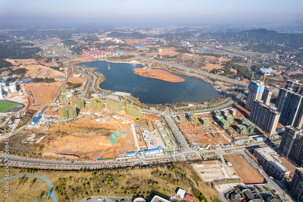 Under development and construction of Taozi Lake Park in Liling New District, Hunan, China