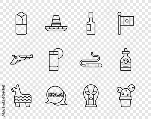 Set line Pinata, Cactus or succulent pot, Tabasco sauce, Hola, Burrito, Tequila glass with lemon, Mexican wrestler and bottle icon. Vector