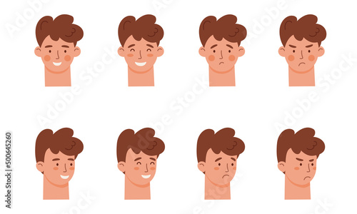 A set of faces with emotions of people joy, chagrin, surprise, anger isolated on a white background. Vector illustration in cartoon style for printing.