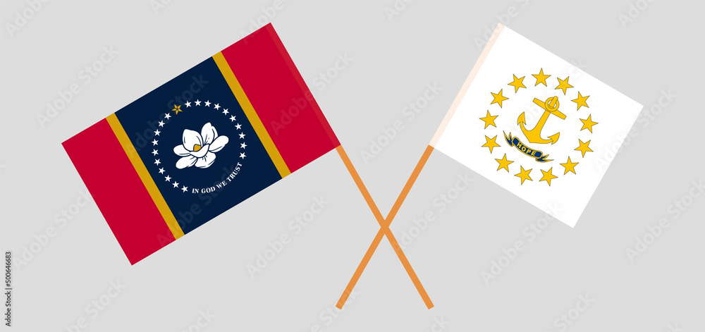 Crossed flags of The State of Mississippi and the State of Rhode Island. Official colors. Correct proportion Crossed flags of The State of Mississippi and the State of Rhode Island. Official colors. Correct proportion