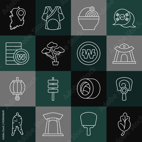 Set line Kimchi, Korean hand fan, temple, Ramen, Bonsai tree, South won coin, map and icon. Vector