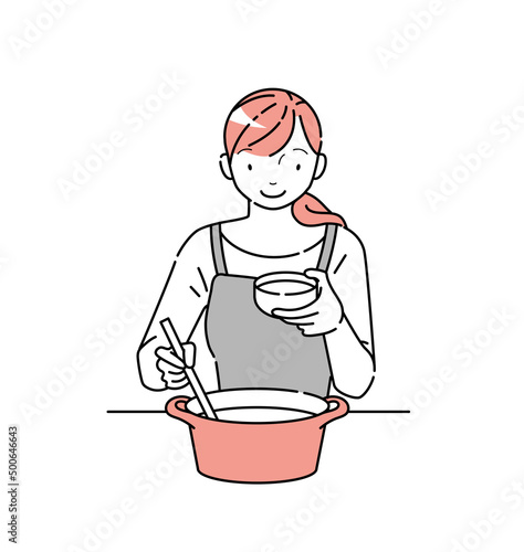 汁物を鍋から注ぐ女性のイラスト