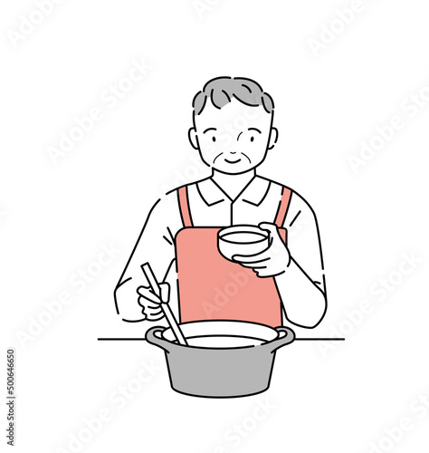 汁物を鍋から注ぐ年輩男性のイラスト