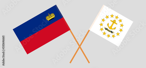 Crossed flags of Liechtenstein and the State of Rhode Island. Official colors. Correct proportion