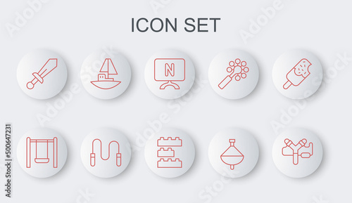 Set line Slingshot, Swing, Smart Tv, Whirligig toy, Sword, Toy boat, Jump rope and building block bricks icon. Vector
