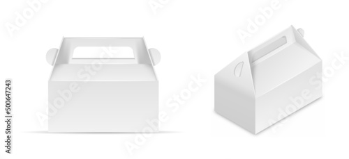 White cardboard box. Container for carrying food, utensils for cafes and restaurants, home delivery of fast food. Place for company logo. Isometric vector illustrations isolated on white background