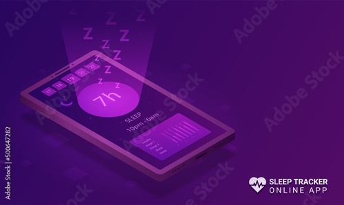 Sleep tracker concept. Smartphone and alarm clock, modern technology and digital world. Gadgets and devices. Evaluation of quality of recovery, comfortable night. Cartoon isometric vector illustration