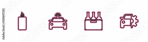 Set line Burning candle, Bottles of wine box, Police car flasher and Car service icon. Vector