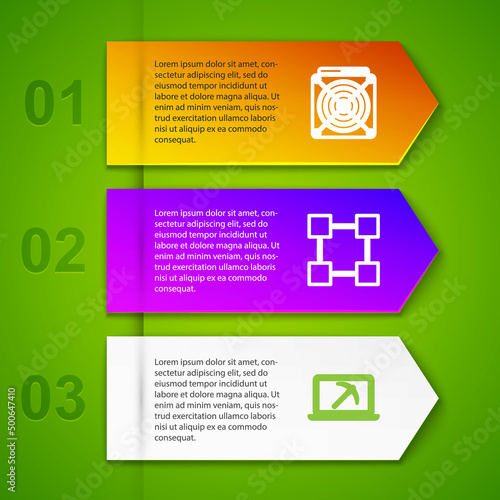 Set line ASIC Miner, Blockchain technology, Mining with laptop and pickaxe and Shield bitcoin. Business infographic template. Vector