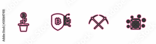 Set line Bitcoin plant in the pot, Crossed pickaxe, Shield with bitcoin and ASIC Miner icon. Vector