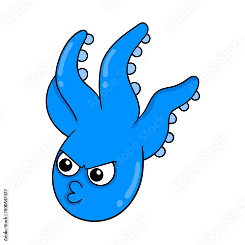 angry aggressive faced blue octopus, doodle icon image kawaii