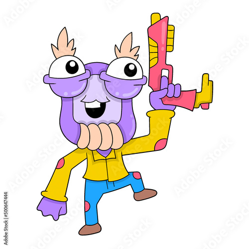 intergalactic security guard monster brings gunfire, doodle icon image kawaii