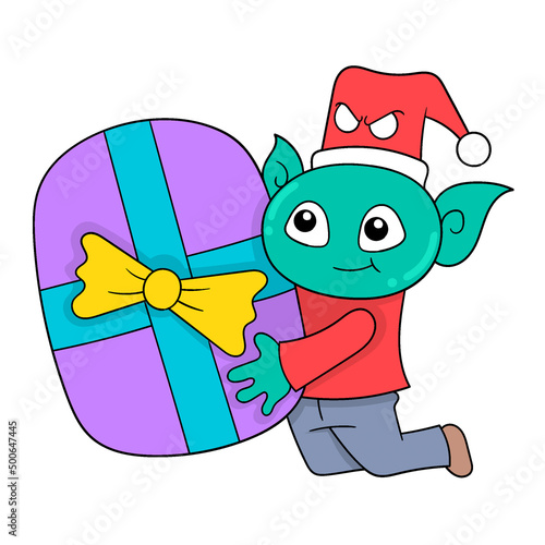 Monsters bring big Christmas gifts, doodle icon image kawaii