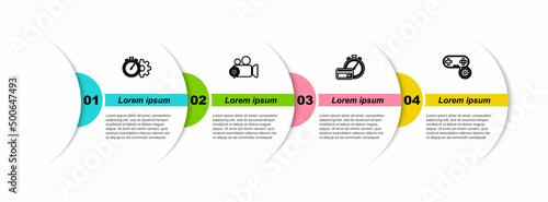 Set line Time management setting, Video camera, Fast payments and Gamepad. Business infographic template. Vector