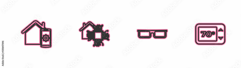 Set line Smart home remote control system, Glasses, and Thermostat icon. Vector Set line Smart home remote control system, Glasses, and Thermostat icon. Vector