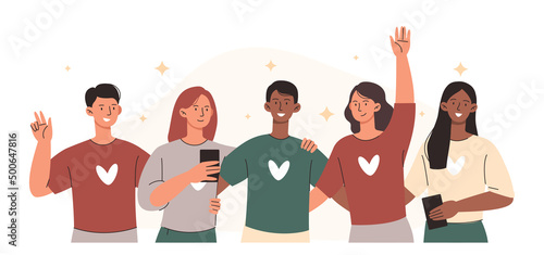 Friends standing together. Crowd of people rejoices, group of teenagers smiles, students. Emotions and expression, stickers for social networks, cheerful society. Cartoon flat vector illustration