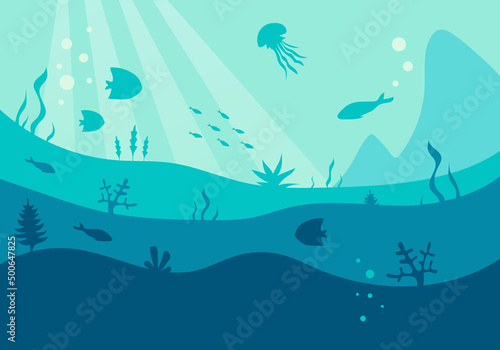 Underwater world silhouette, vector. Deep blue sea with fishes and seaweed, simple flat illustration