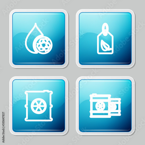 Set line Recycle clean aqua, Tag with leaf, Radioactive waste in barrel and icon. Vector