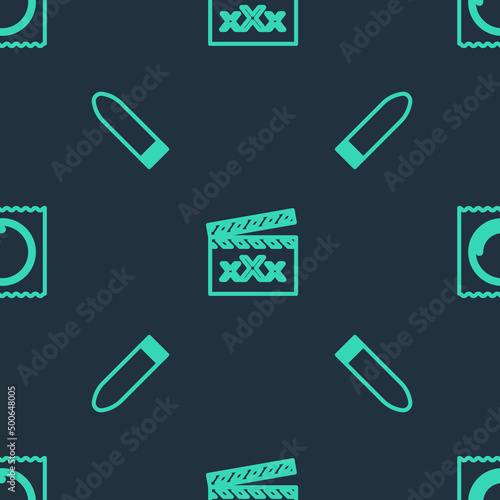 Set line Movie clapper with Sex, Dildo vibrator and Condom in package on seamless pattern. Vector