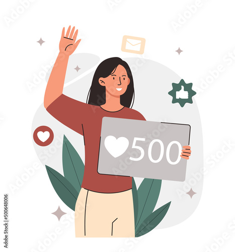 Woman influencer with symbol. Famous personality and popular blogger, social network promotion and feedback. Opinion leader, social media marketing, internet. Cartoon flat vector illustration