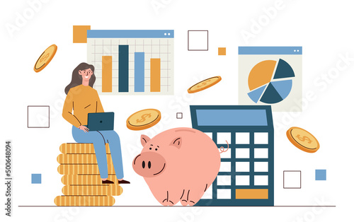Business analysis concept. Girl sits with laptop on stack of money next to piggy bank and calculator. Financial literacy and family budget, work with statistics. Cartoon flat vector illustration