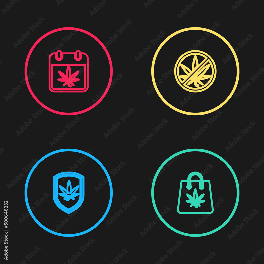 Set line Shield and marijuana, Shopping bag of, Stop and Calendar icon. Vector Set line Shield and marijuana, Shopping bag of, Stop and Calendar icon. Vector