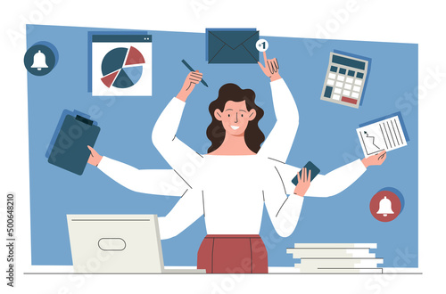 Employee efficiency concept. Multitasking girl with many hands, overworked manager and burnout. Motivation and leadership, poor time management. Clerk in office. Cartoon flat vector illustration