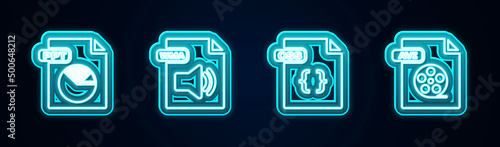 Set line PPT file document, WMA, CSS and AVI. Glowing neon icon. Vector