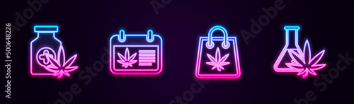 Set line Medical bottle with marijuana, Calendar and, Shopping bag of and Test tube. Glowing neon icon. Vector