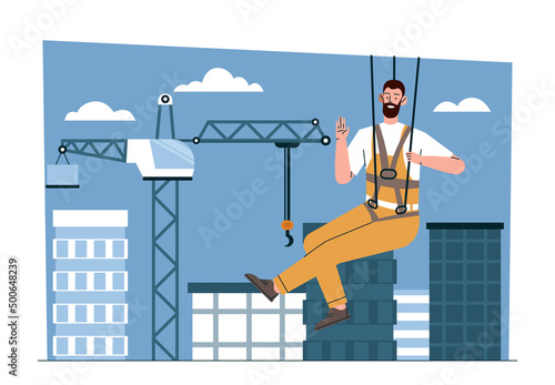 Industrial climbers concept. Man on ropes repairs houses, builder and architect of city. Innovation and modernization. Alpinist climb onto roof using cables. Cartoon flat vector illustration