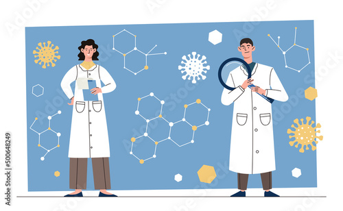 Materials science concept. Girl and man with magnifying glass look at molecules. DNA analysis and research, drug development. Scientific experiment in laboratory. Cartoon flat vector illustration