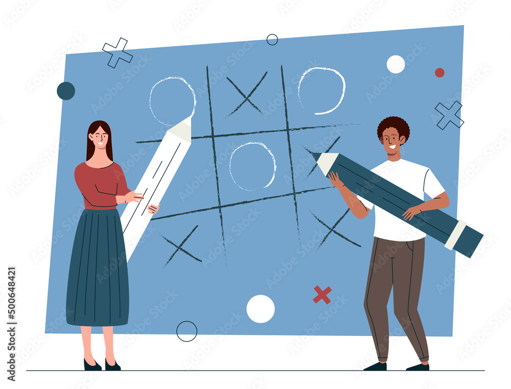 Fototapeta premium Playing noughts and crosses. Entertainment and joint pastime. Logic and cunning. Man and girl with pencil. Metaphor for business strategy and company development. Cartoon flat vector illustration